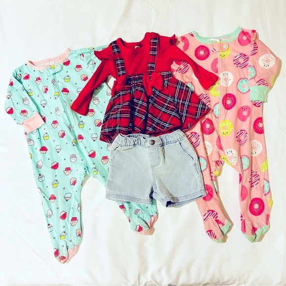 Other - Baby Girl 4 Piece Bundle 3-6 mth Plaid Dress, Jean Short, 2 Sleeper Jumpers